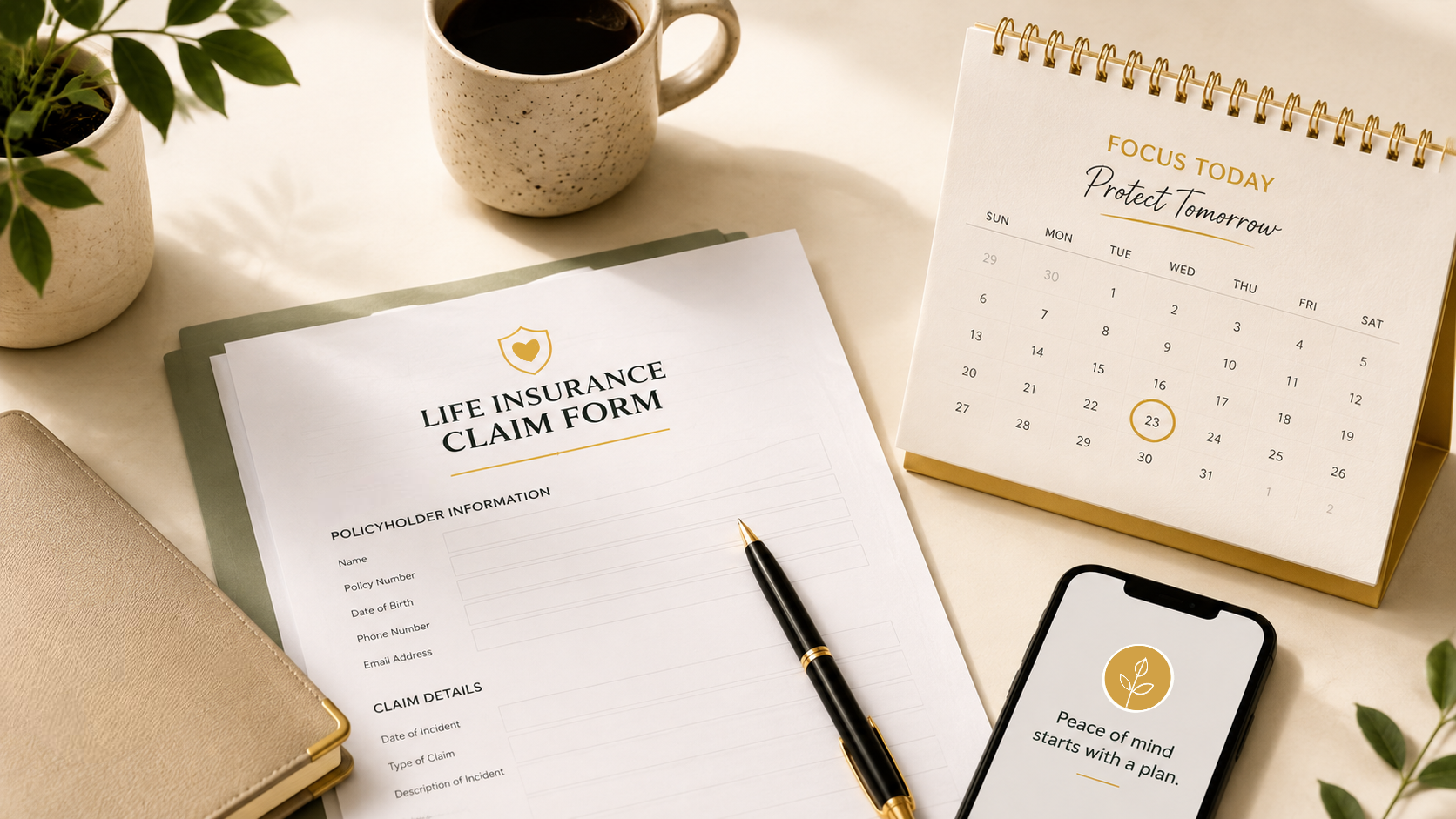 Life Insurance Claim Form Beside A Calendar With A Filing Date Highlighted