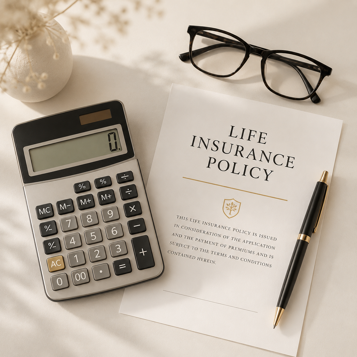 Life Insurance Policy Beside A Calculator, Pen, And Glasses On A Neutral Desk