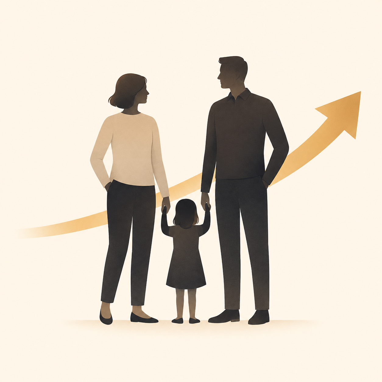 Illustration of a family with an upward arrow representing long-term life insurance protection and financial growth