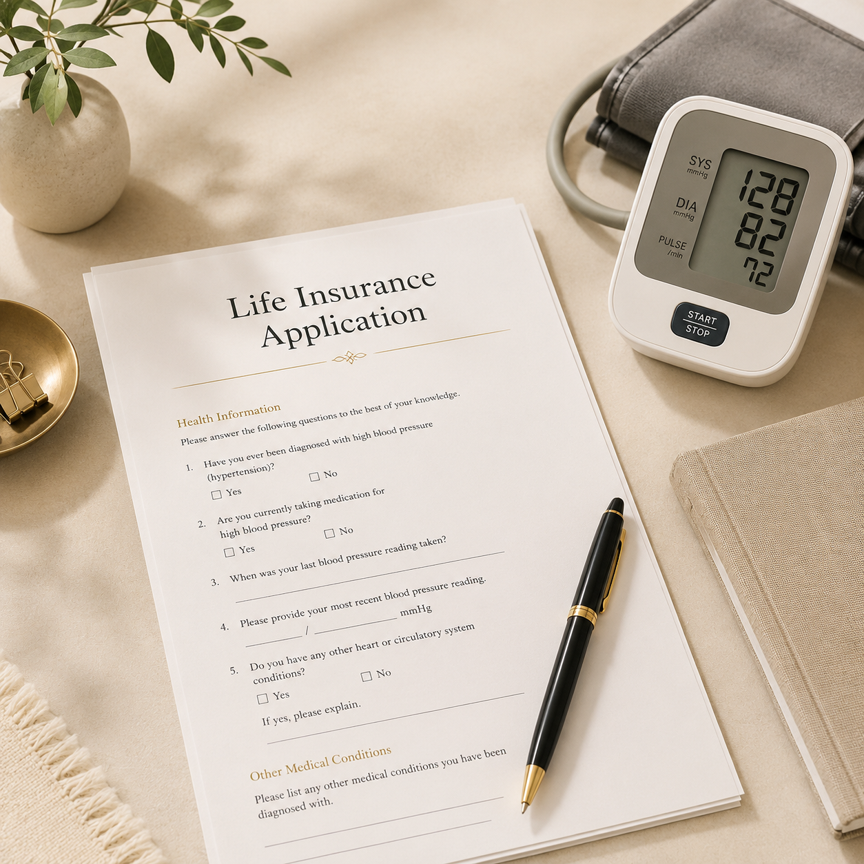 Life Insurance Application Beside A Blood Pressure Monitor Showing Health Information Questions