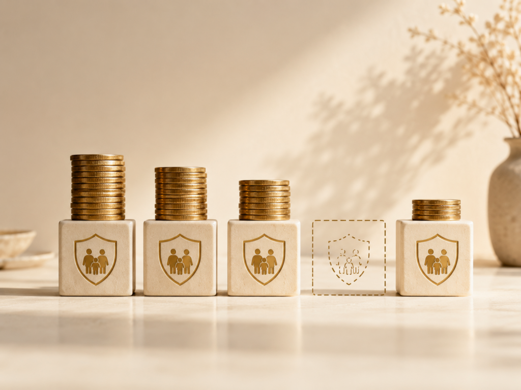 Stacks of coins on blocks with one missing space, representing a gap between expected life insurance benefits and the amount paid