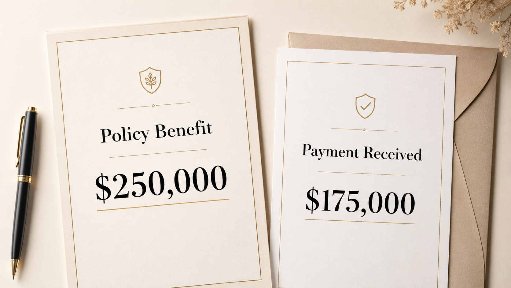 Side-by-side Documents Comparing A Life Insurance Policy Benefit Of $250,000 With A Payment Received Of $175,000