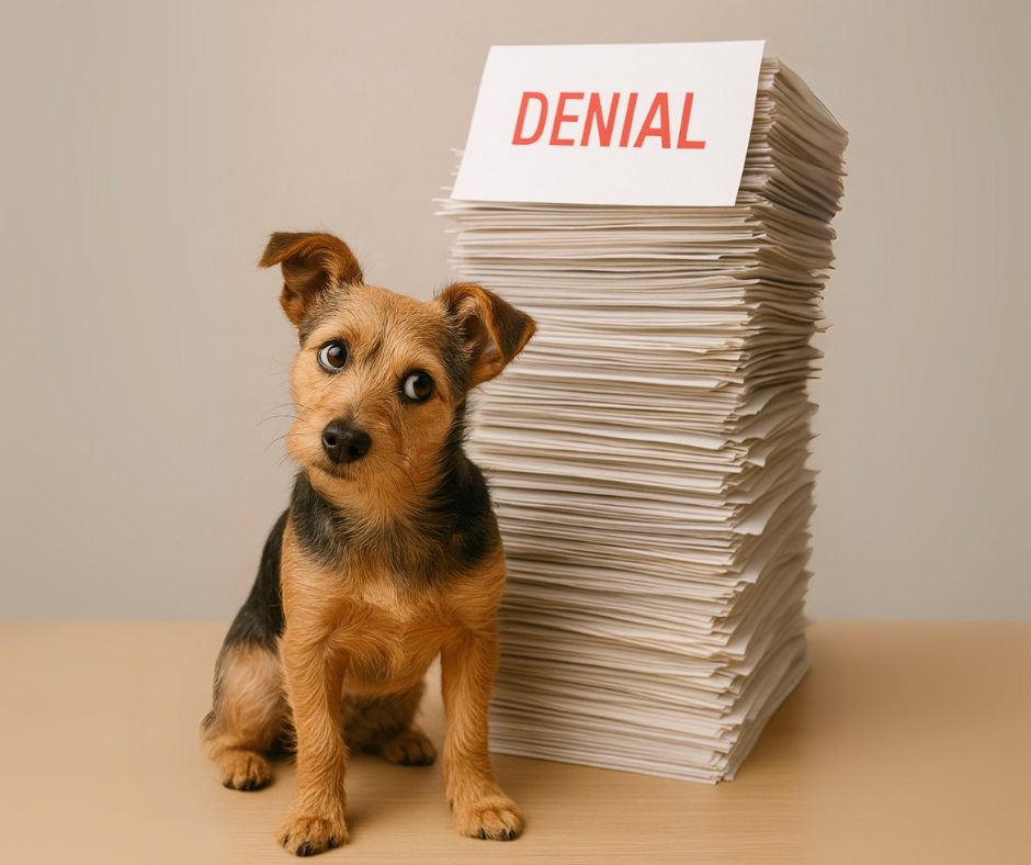 A Small, Scruffy Terrier Mix With Its Head Tilted In A Confused Expression Sits Next To A Tall Stack Of Paperwork Labeled 'DENIAL' In Red Letters