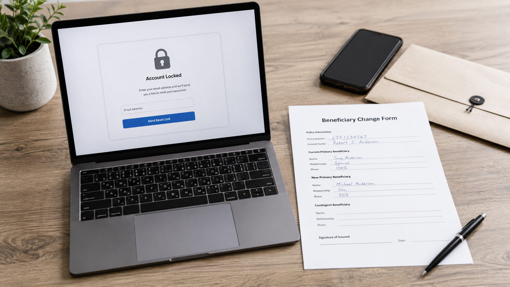 Laptop Showing A Locked Email Account Beside An Unfinished Life Insurance Beneficiary Change Form Causing A Life Insurance Beneficiary Dispute
