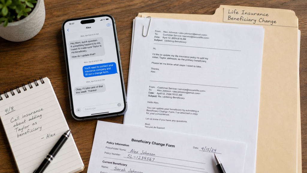 Text messages, emails, handwritten notes, and a beneficiary change form documenting an insured’s intent to update a life insurance beneficiary.